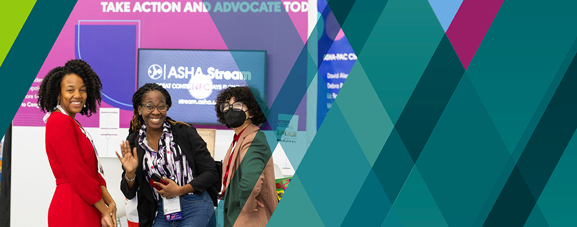 Three ASHA members — one wearing a KN95 mask — smile at the camera while at the ASHA Convention.