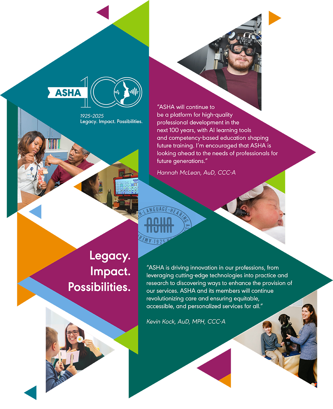 ASHA 100 collage of audiologists and SLPs treating patients, with quotes from members.